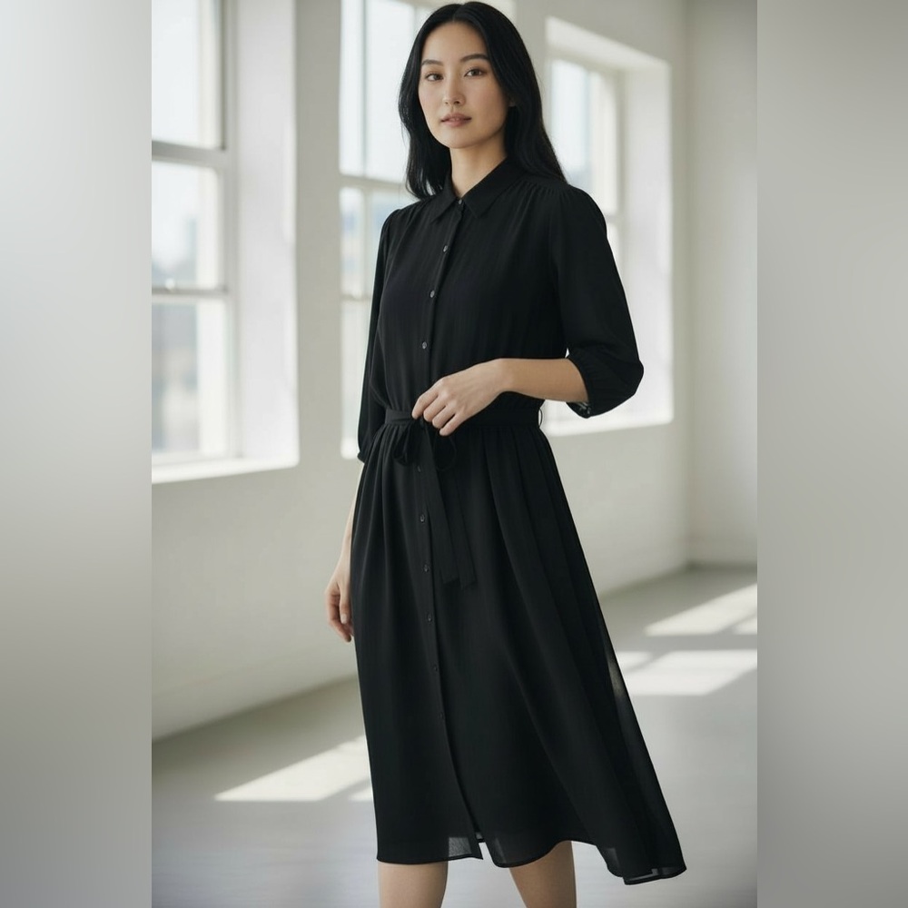 Nanette Lepore Black Button Up Midi Shirt Dress Fit and Flare‎ Pin Tuck  Size 4